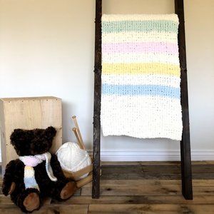Hand Knit Baby Blanket & Bear w Matching Scarf